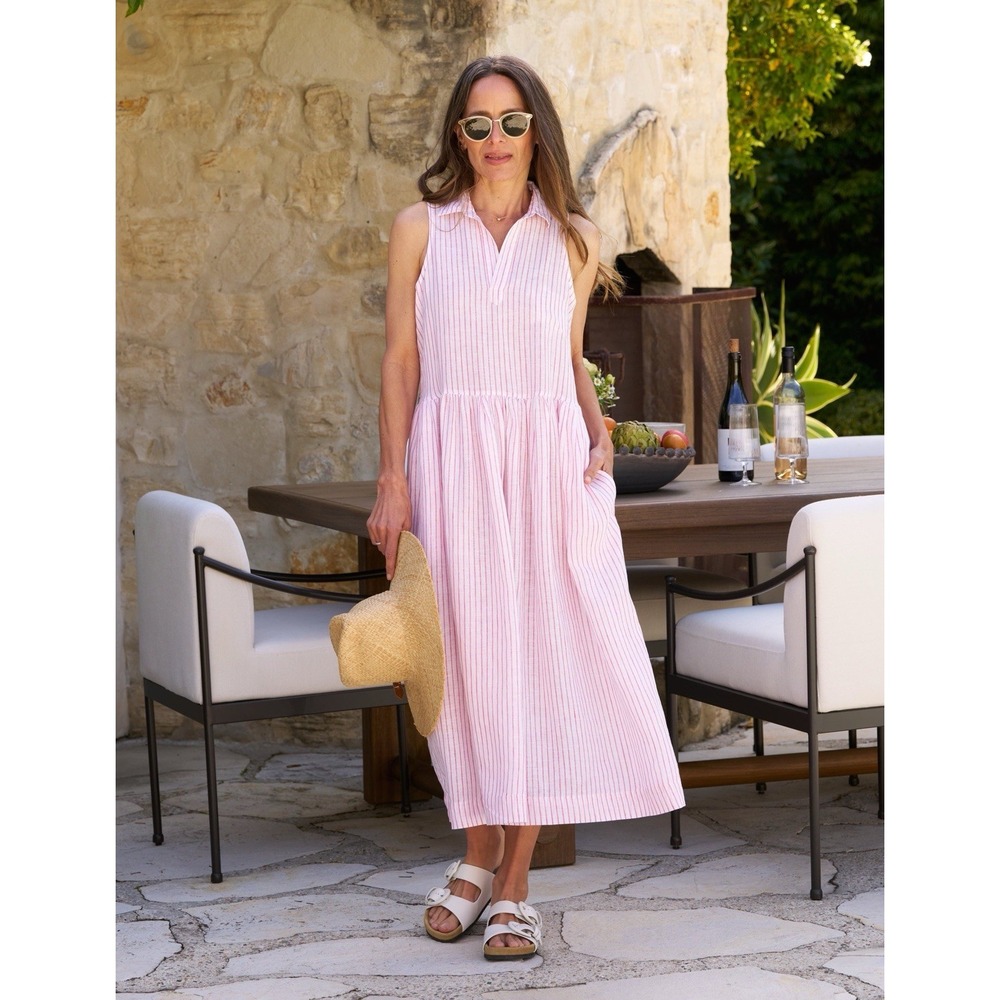 Frank & Eileen Daphne Dress XXS Pink White Stripe 100% Italian Linen Midi Maxi